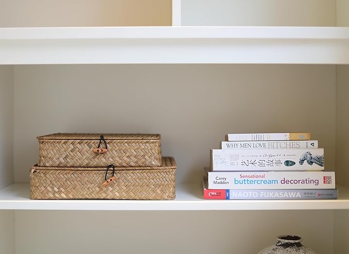 DOKOT Flat Seagrass Storage Bins with Lid, Wicker Basket for Shelf Organize, Set of 2 (Small+Large)