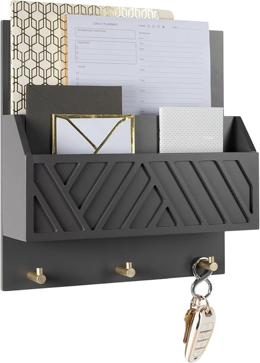 BLU MONACO — Wall-Mounted Mail and Key Holder in Grey Wood — Two-Tier Mail Organizer with Gold Hooks — Entryway Command Center for Home or Office