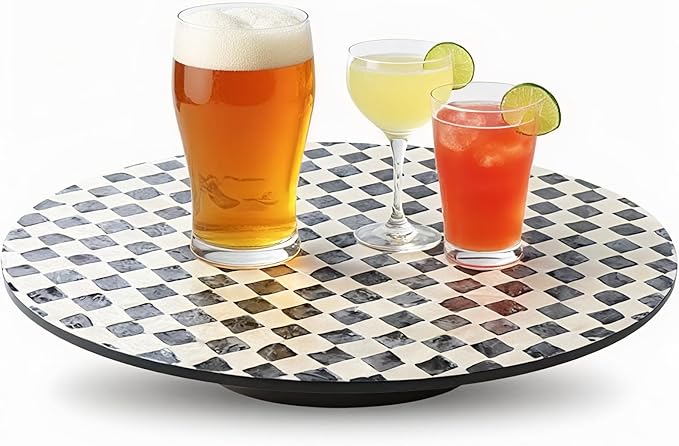 13.8" Mother of Pearl Lazy Susan Turnable Organizer, 360 Degree Round Table Countertop Decorative Spinning Tray for Kitchen Cabinet Counter Spice Pantry Dinner Table (Checkerboard)