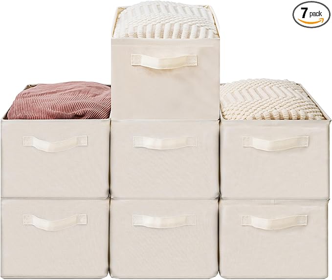Storage Basket Bins with Metal Frame, Large Collapsible Fabric Storage Baskets for Organizing Shelf, Basket Organizer W/Handles for Towels, Laundry, Office, Home, 7-Pack, Beige