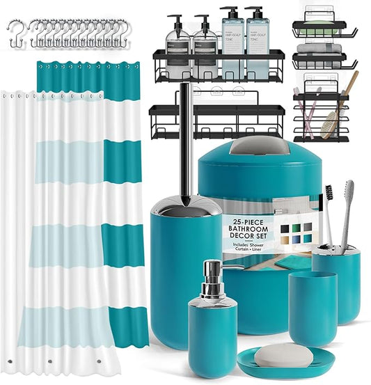 Clara Clark Bathroom Accessories Set - Bathroom Set with Adhesive Corner Shower Caddy Hanging, 25PC Bathroom Accessory Set, Teal Shower Curtain Set, Toilet Brush, Trash Can & Soap Dispenser