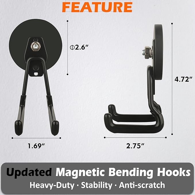 MUTUACTOR New Upgraded Magnetic Garage Hooks,2PCS Anti-Slip Heavy Duty Magnetic Hook for Hanging,20lbs Anti-Scratch Magnet Storage Hook for Storing Cordless Impact Drivers Trailer Cord Garage Tools