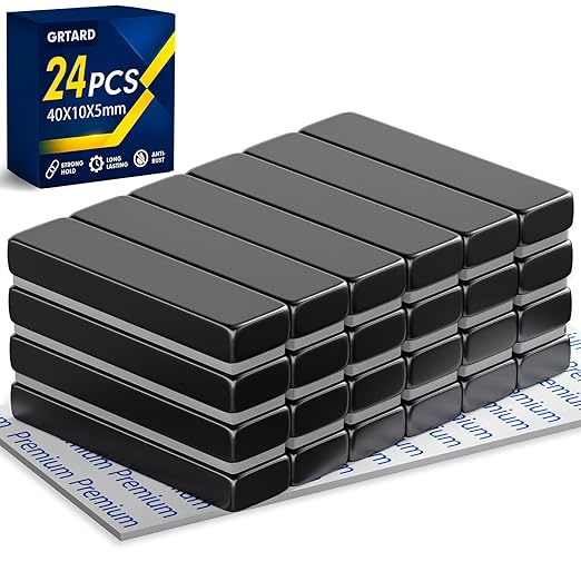 Grtard 24 Pack Neodymium Bar Magnets, Rare Earth Magnets Metal Neodymium Magnet with Double-Sided Adhesive for Fridge and Office Projects, 40x10x5mm(Black)