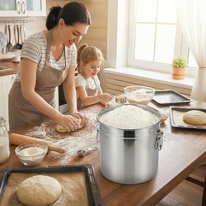 QWORK 304 Stainless Steel Airtight Food Storage Containers with Locking Clips and Lids, 12L/3.17Gal Large Kitchen Canister for Rice, Flour, Sugar, Coffee, Grain