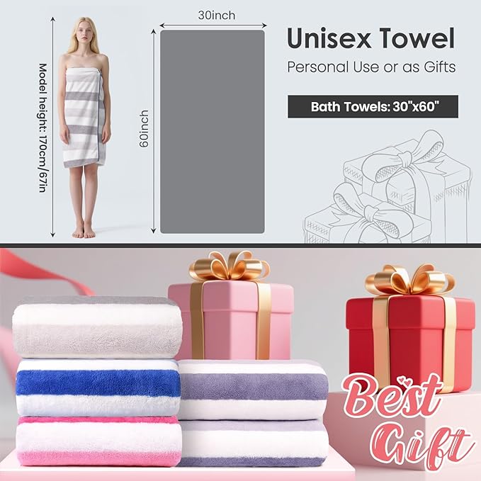 Microfiber Bath Towels, Large Bath Towel Set of 2, 30" x 60", Oversized, Soft, Super Absorbent, Fast Drying, Perfect for Hair Wrap, Sport, Fitness, Yoga, Cabana Stripe Grey