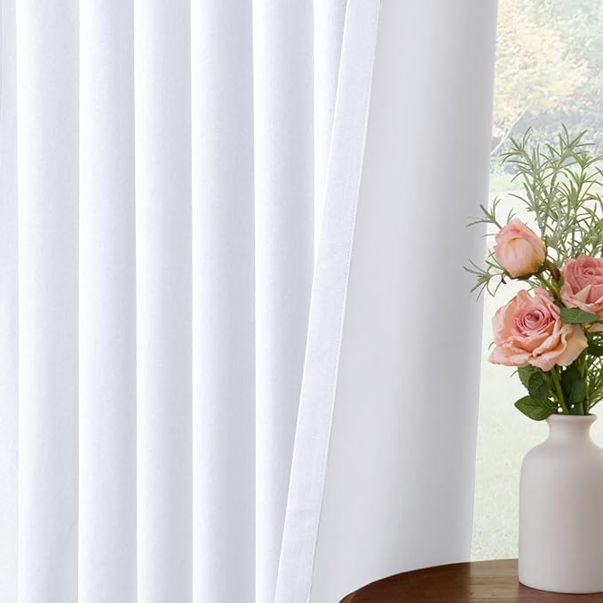 INOVADAY 100% Blackout Curtains for Bedroom, Black Out Curtains 90 Inch Long, Clip Rings Linen Blackout Drapes, Thermal Insulated Room Darkening for Living Room, 2 Panels - Brightwhite,W50xL90