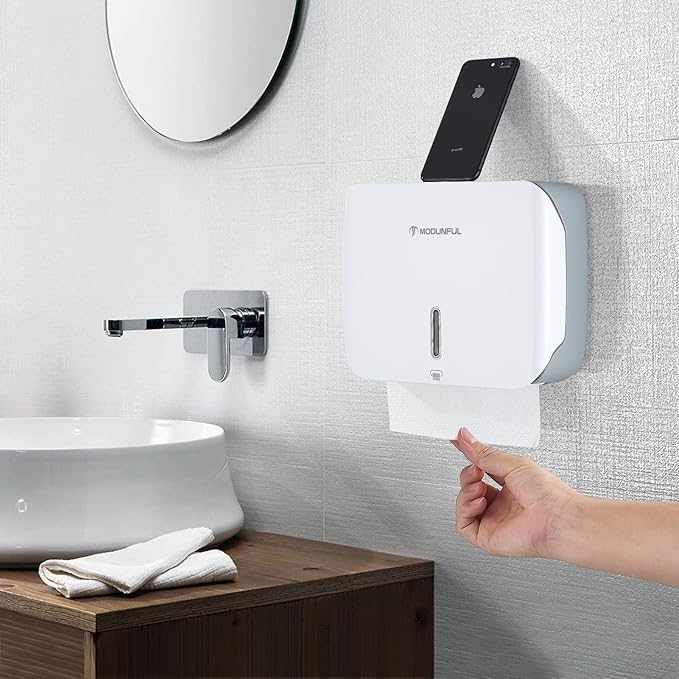 Paper Towel Holder for Bathroom Wall-Mount: No Drill Adhesive Z-fold Multifold Paper Towel Dispenser, Compact Design for Family Bathrooms & Small Spaces, Locking Feature