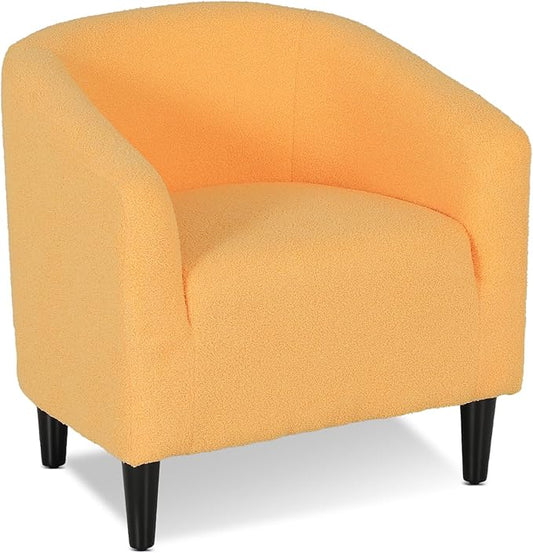 Athena Collection Modern Barrel Accent Chair, Furry Cozy Reading Arm Chair for Adults, Soft Comfy Upholstered Sofa Armchair for Corner, Living Room, Bedroom, Reception Room, Yellow