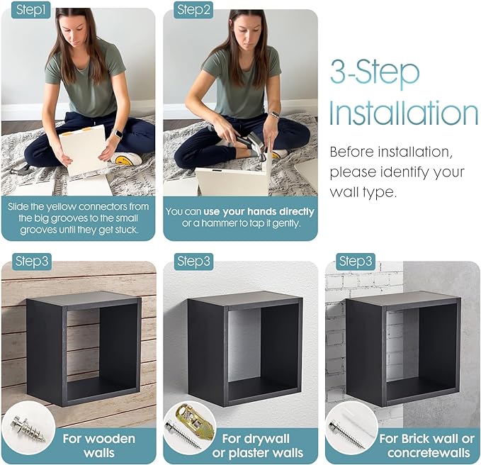 Kaboon Cube Shelves Set2, Black Display Shelves Wall Mount 7.75" D x 12.5" W x 12.5" H, (Black, Square 2 Cubes)