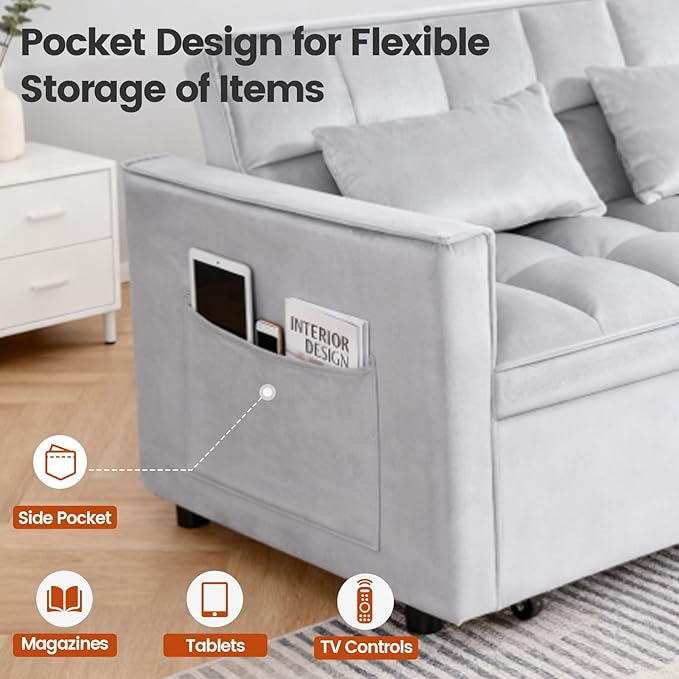 Convertible Sofa Bed, Love Seat Sleeper Bed with Side Pockets, 3 in 1 Velvet Fabric Pull Out Couch with Adjustable Backrest for Living Room, Bedroom, Apartment, Gray