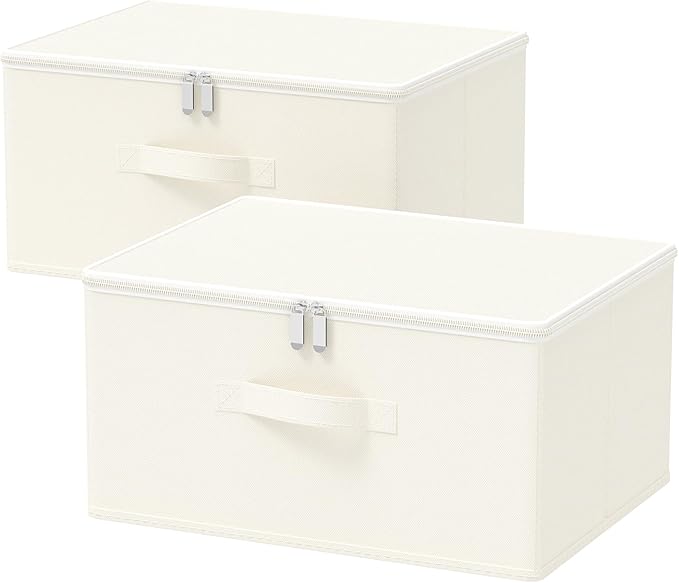 Storage Bins with Lid, Cube Organizer Basket, Closet Boxes with Carrying Handles and Sturdy PP Support Plate, 2 Pack, Beige, 15.7 x 11.8 x 7.9 In, XSNY16BEL-2