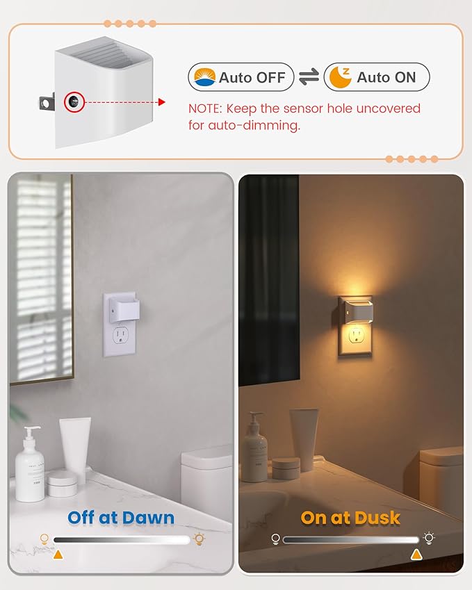 Plug in Night Light 2 Pack - Auto Brightness Sensor Warm White Wall Light