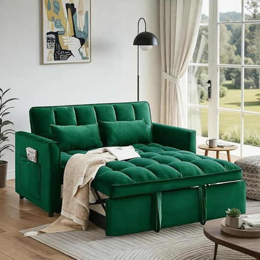 3 in 1 Convertible Sofa Bed, Love Seat Sleeper Bed with Side Pockets, Velvet Fabric Pull Out Couch with Adjustable Backrest for Living Room, Bedroom, Apartment, Dark Green