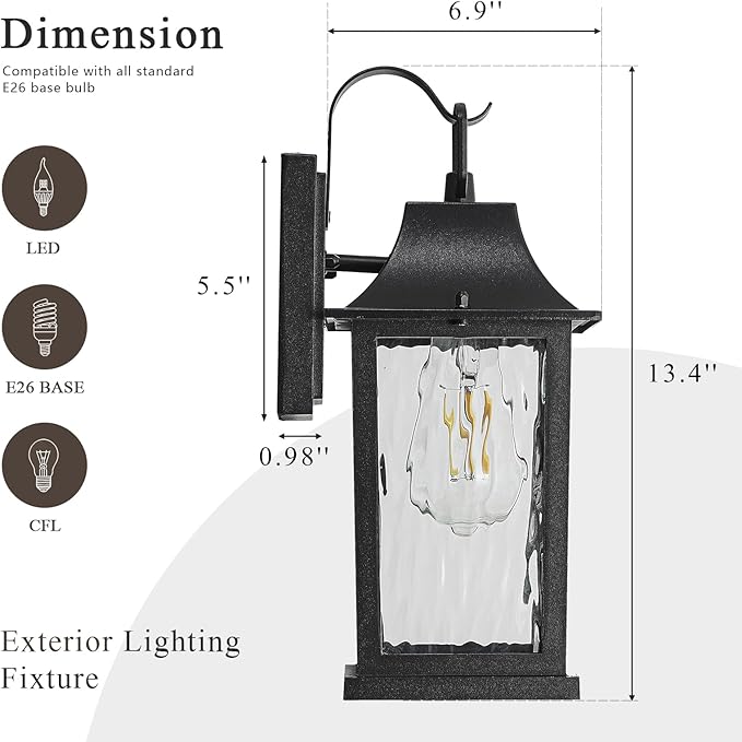 Outdoor Wall Light， 13" Sconce with Water Pattern Glass, Waterproof & Rustproof Exterior Lighting ，Weatherproof Front Porch Lights，for House Garage Doorway Patio (1 Pack, Black)