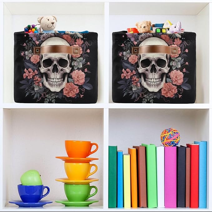 Halloween Basket Black Rose Skull Baskets with Handles Collapsible Organizer Box Shelf Storage Baskets for Holiday Home Decor 2PCS