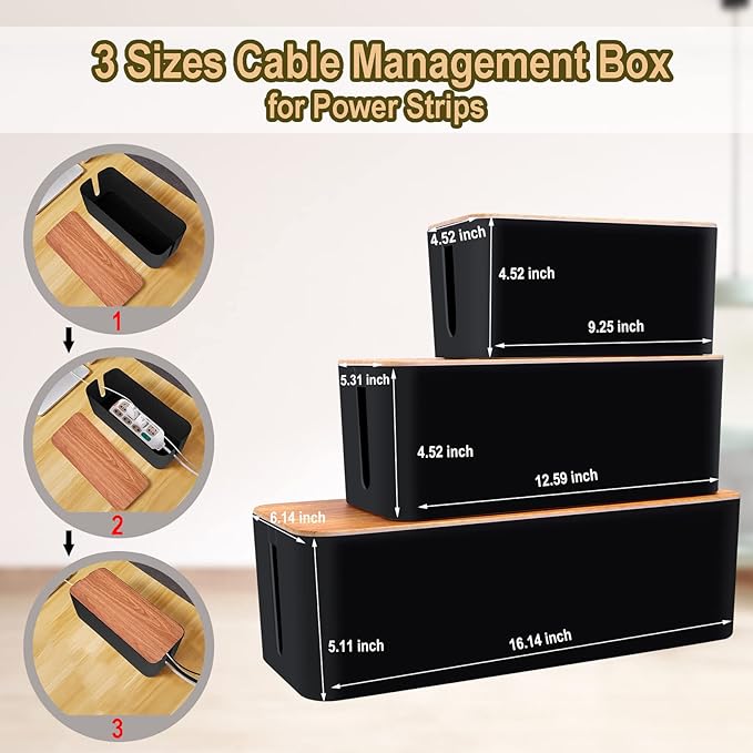 YUANYE Cable Management Box Cable Management Kit for Power Strip to Hide Wires,Cord Organizer Boxes,Safe ABS Material Wire Organizer of Cable Clips Sleeve for Home & Office,3Pack-128PCS /Black