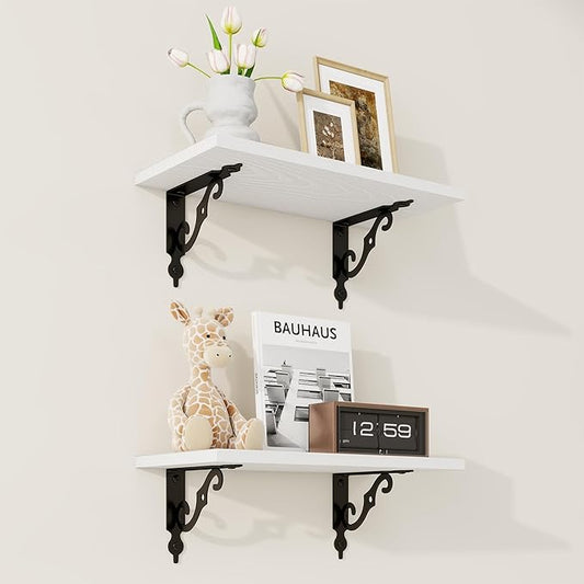 RICHFOCUS Floating Shelves for Wall Decor, 8 Inch Deep Shelves Set of 2, 16W x 8D Floating Shelves Wall Mounted with Metal Brackets, Rustic Wood Shelves for Living Room Bedroom Kitchen, White