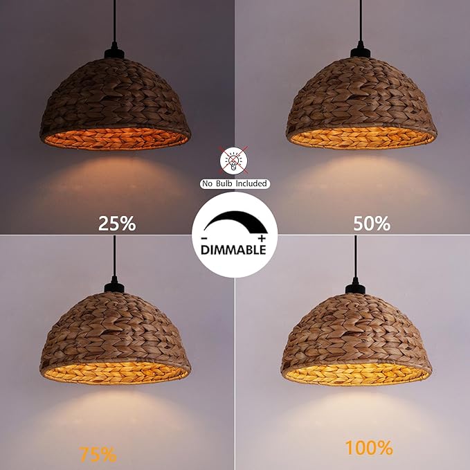 HuisMier Rattan Plug in Pendant Light with 15 Ft Plug in Cord, Hand Woven Lampshade Boho Hanging Lamp with Dimmable Switch, Farmhouse Rattan Pendant Light for Dining Room Bedroom Kitchen