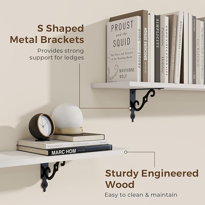 RICHFOCUS Floating Shelves for Wall Decor, 47.3W x 8D Shelves Set of 2, 8 Inch Deep Rustic Wood Shelves Wall Mounted with Brackets, Long Floating Shelves for Living Room Bedroom Kitchen, White