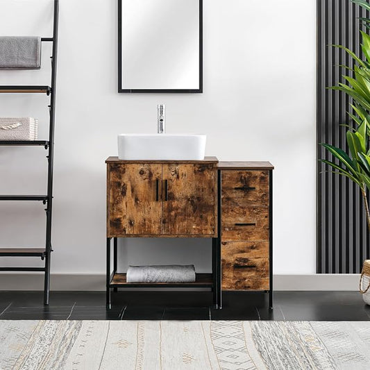 eclife 36" Bathroom Vanity Sink Combo Modern Metal Stand Cabinet W/Bottom Shelf & Storage Side Cabinet White Rectangle Vessel Sink & Water Save Faucet & Pop Up Drain, Rustic Brown (T03)