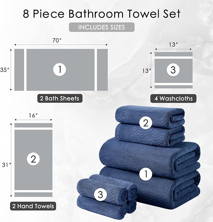 8 Piece Bath Towel Set Navy — 2 Oversized Large Bath Sheet,2 Hand Towels,4 Washcloths — Ultra Soft Cozy Bath Towel Set for Bathroom Hotel Gym Spa,Highly Absorbent & Quick Dry Bathroom Towel Collections