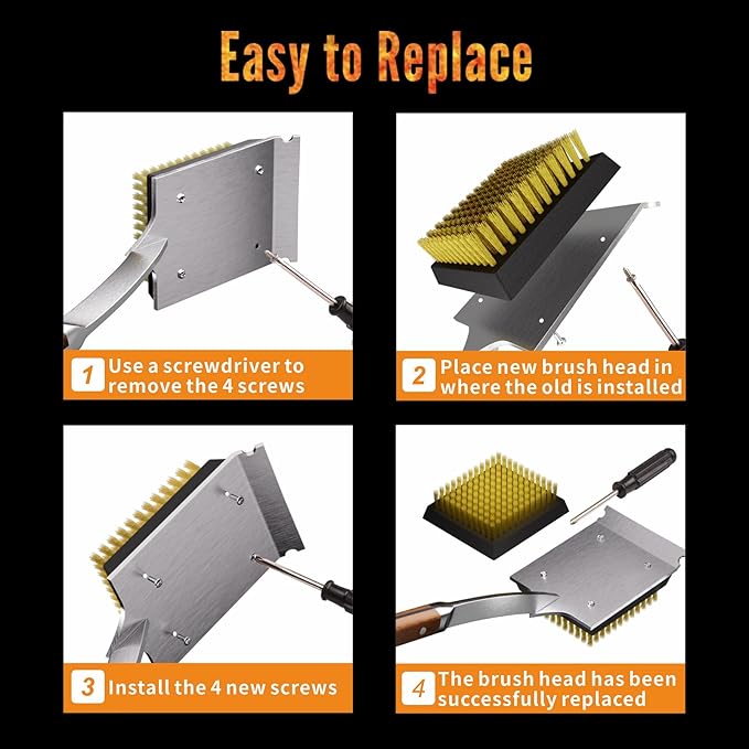 Copper Wire Grill Brush Replacement Head, Grill Cleaning Bristle Brush with 4 Screws, BBQ Cleaning Replacement Brush Head for Gas, Porcelain, Ceramic, Cast Iron, Stainless Steel Grills and More