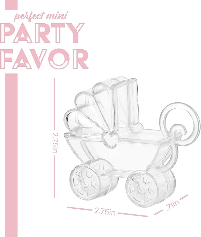 Baby Carriage Shaped Acrylic Candy Boxes - 12 Pack - 2.75"x2.75"x0.71" - Perfect for Weddings, Birthdays, Party Favors and Gifts | Cute Clear Plastic Containers | Clear Fillable Ornaments Crafts Decorations
