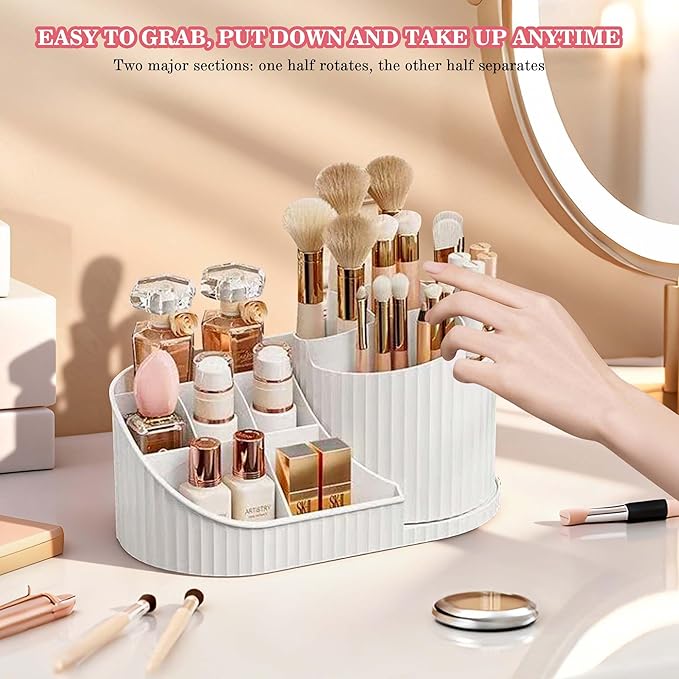 Makeup Organizer with Rotating Brush Holder Cosmetic Storage for Dresser Vanity and Bathroom Countertop Skincare Organizer for Vanity, Cosmetic Display Case for Lipstick, Skincare, Brushes, Eyeshadow