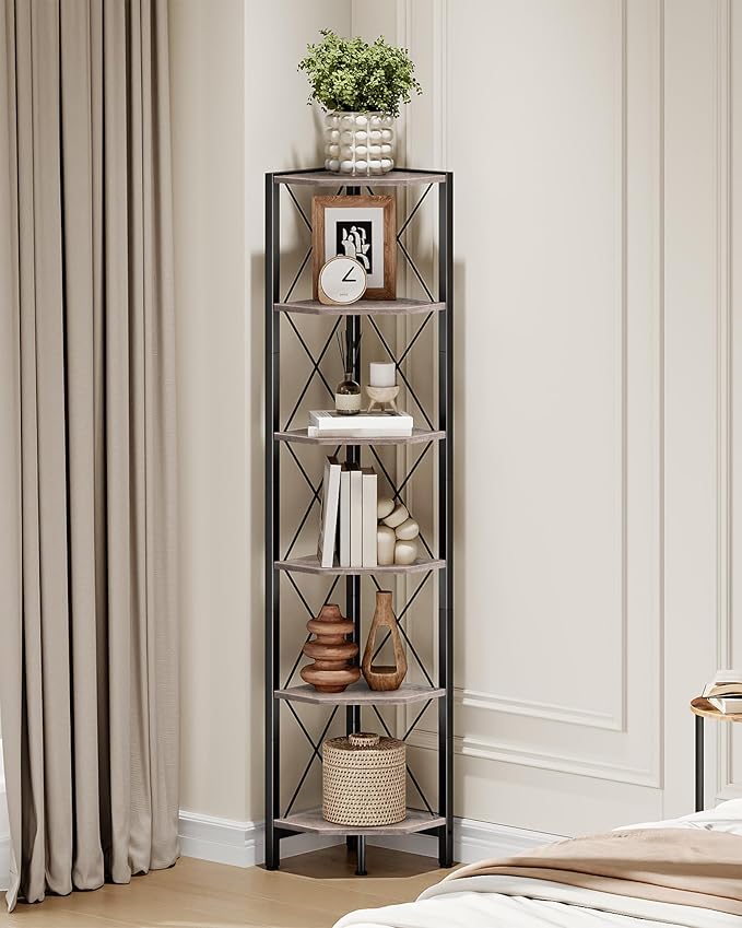 6-Tier Corner Shelf, Corner Bookcase, 66.9" Tall Vertical Display Rack, Plant Stand, Open Storage Shelf, for Living Room, Bedroom, Study, Kitchen, Greige and Black TCJ13BG