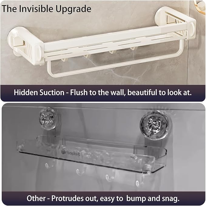 20" Shower Caddy Suction Cup, Concealed Shower Shelves Suction Cup with Hooks & Towel Bar, NO-Drilling Suction Shelf for Bathroom & Kitchen - White