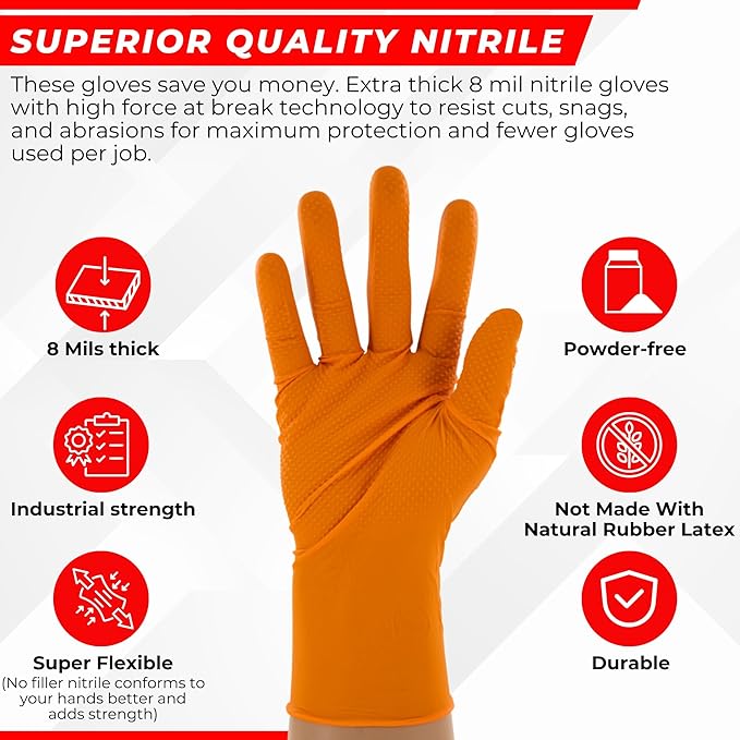 Copperhead HD Orange Nitrile Disposable Gloves, 8 Mil, Latex and Powder Free, Industrial, Food Safe, Raised Diamond Texture