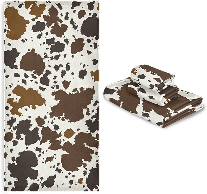 3 Piece Rutic Cowhide Pattern Bath Towel Set,Microfiber Decorative Western Animal Skin Cow Print Farmhouse Bathroom Towels,1 Bath Towel 1 Hand Towel for Bathroom Kitchen,1 Washcloth for Face