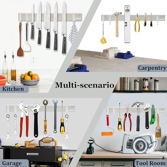 Magnetic Knife Holder for wall, 16 Inch Knife Magnetic Strip with 3 Hooks, Stainless Steel Knife Holder Magnet Rack for Kitchen Organizer, Mount with Adhesive or Screws