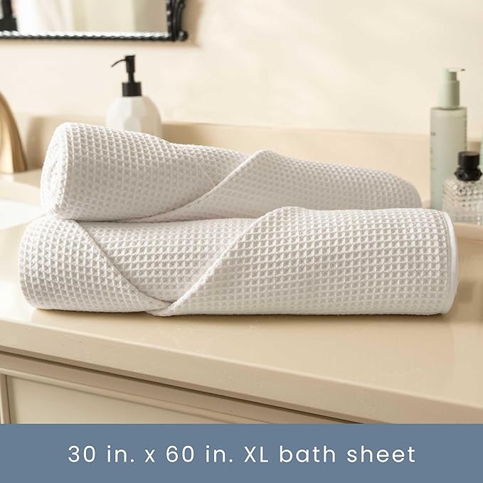 S&T INC. Aura Microfiber Waffle Bath Towels, 4 Pack, Quick-Dry, Ultra Absorbent, Lightweight Towels for Bathroom, Gym, Travel and Beach, 30 inches x 60 inches, 420GSM, White