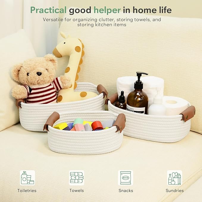 5 Piece Storage Baskets Small Woven Basket with Detachable Leather Handle, Cotton Rope Shelf Baskets for Closet Organizers, Different Sizes Basket Decor, White