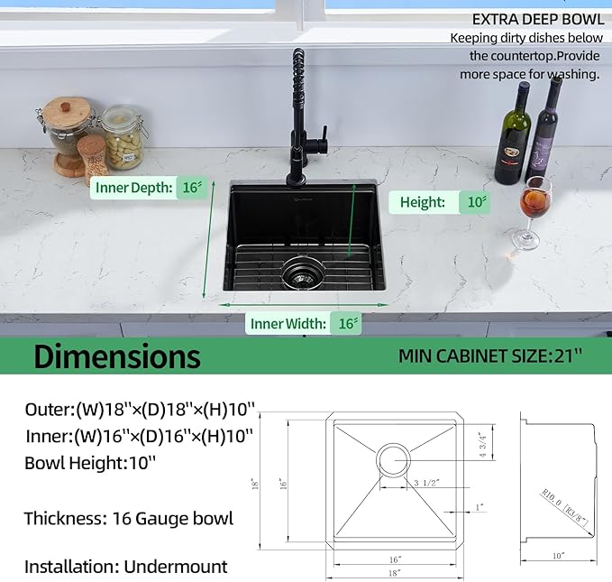 Undermount Kitchen Sink, 18 x 18 x 10 Inch Sink Kitchen 16 Gauge Gunmetal Black Stainless Steel Kitchen Sinks Single Bowl Workstation Sink with Cutting Board