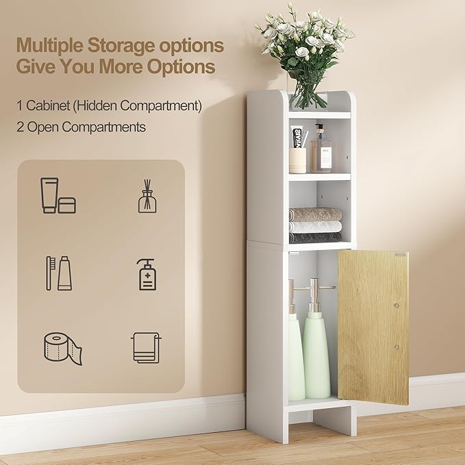 Bathroom Storage Cabinet, Small Corner Floor Cabinet with Fluted Door Narrow Toilet Paper Cabinet with Adjustable Shelves Wooden Slim Bathroom Organizers and Storage for Small Spaces, White