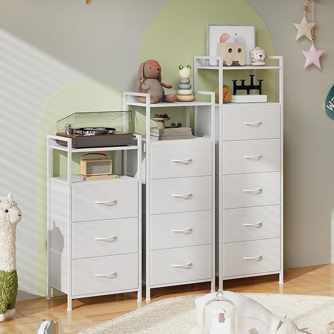 Somdot Nightstand with 3 Drawers, Dresser with Fabric Bins for Bedroom, Hallway, Entryway, Nightstand Bedside Table Furniture, Sturdy Steel Frame, Wooden Top, Easy Pull Fabric Bins, White Leather