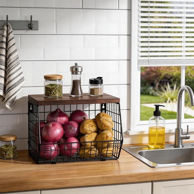 Wall Mounted Fruit Basket with Wood Lid, Hanging Kitchen Storage for Fruits, Vegetables, Potatoes, Onions | Heavy-Duty Carbon Steel & Solid Wood, Black, Space-Saving Countertop Organizer (L)