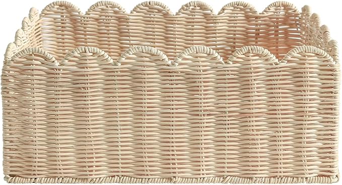 Scalloped Basket, Wicker Storage Baskets, Hand Woven Baskets for Shelves,Natural Baskets for Organizing (M-14" L x 10.5" W x 6" H-Rattan)