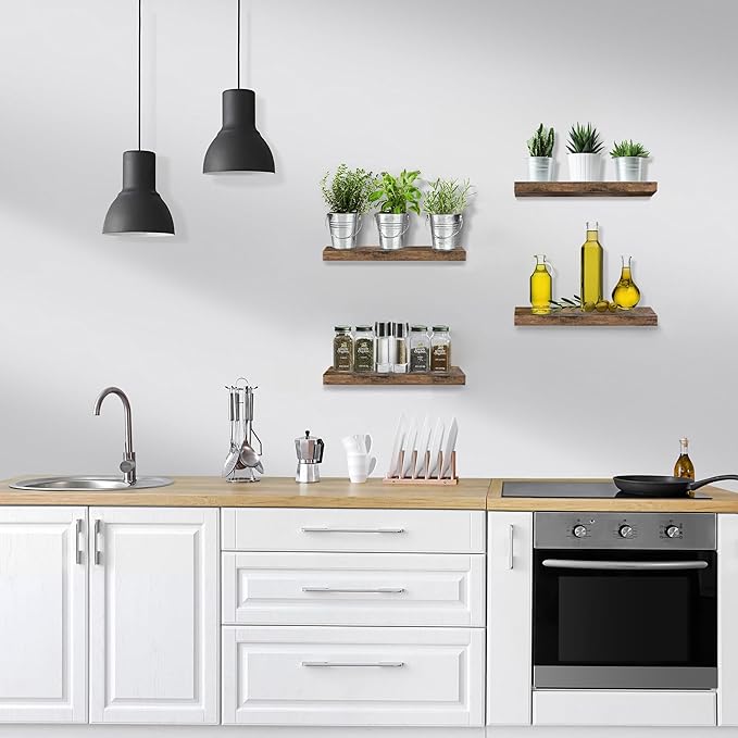 Sorbus Floating Shelves for Wall – 16 Inch Floating Shelf for Kitchen, Bedroom, Living Room, Bathroom, Home & Wall Decor - Mounted Bathroom Shelves with Invisible Brackets (Rustic Brown, 4 Pack)