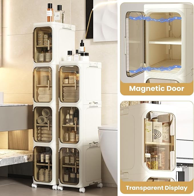 3 Tier Slim Bathroom Storage Cabinet, Narrow Organizer with Wheels and Toilet Paper Holder, Waterproof, No Assembly Required, Perfect for Small Spaces in Bathroom, Kitchen and Bedroom