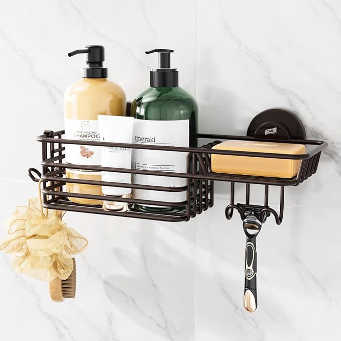 TAILI Shower Caddy Suction Cup with Hooks & Soap Holder, Heavy Duty Bathroom Shower Organizer, No Drilling Shelves for Inside Bathroom, Metal Storage Basket-Brown