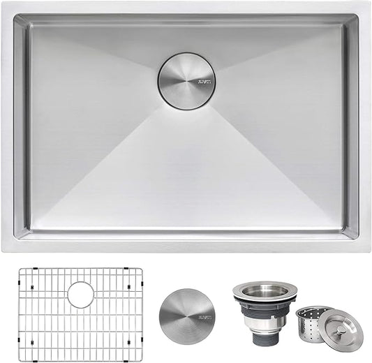 Ruvati 27-inch Rounded Corner Undermount Kitchen Sinks Single Bowl – Durable 16 Gauge Stainless Steel Kitchen Sink with Brushed Finish hides scratches, Easy-to-Clean Undermount Sink - RVH7127