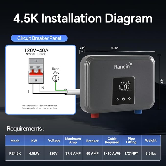 Gen II Ranein Electric Tankless Water Heater Ultra Edition, 4.5 kW, 110v, On Demand Instant Endless Water Heater with LED Display, Point of Use, Compact Under-sink Design for Bathroom and Kithcen