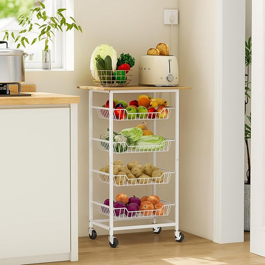 Kitchen Microwave Cart with Fruit Baskets, 5 Tier Microwave Table Stand with Fruit Vegetable Storage Small Rolling Cart on Wheels, Floor Organizers and Storage for Pantry Kitchen, Living Room