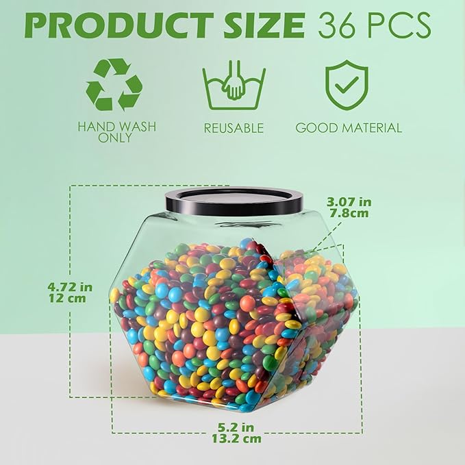 Bokon 36 Pcs Hexagon Shaped Jars with Lids Plastic Cookie Container 30 oz Clear Wide Mouth Candy Storage Jar for Cookies, Candy, Snacks, Paper Stars, Detergent Pods, Gifts and Storage