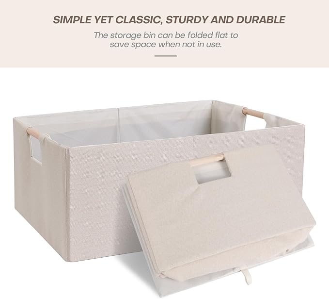 ANMINY 6PCS Storage Baskets for Organizing Collapsible Fabric Storage Bins Boxes with Wood Handles Closet Shelves Cube Organizer Bins Clothes Laundry Storage Container - Medium, Beige