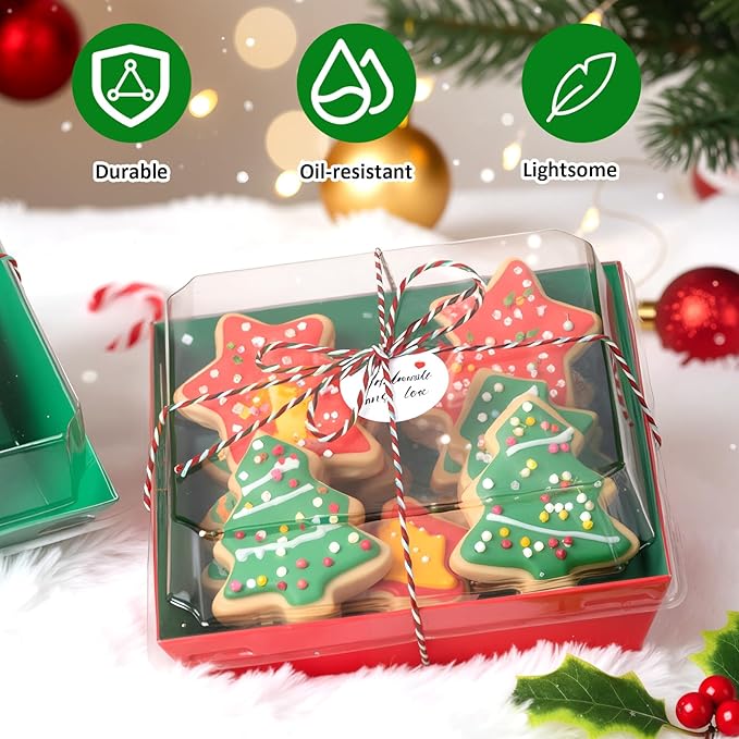Outus 100 Pack Charcuterie Boxes with Clear Lids, 5.7 x 5.1 '', Mother 's Day Back to School Paper Food Containers Cake Take out Bakery Boxes with Gift Tags Rope for Desserts(Green,Red,Christmas)