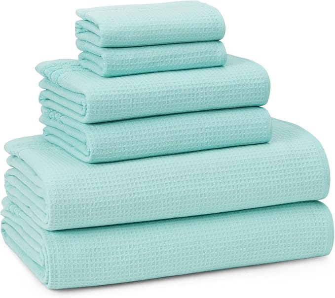 Town & Country Basics 6-Piece Assorted Waffle Woven Terry Stripe Set, 2 Bath Towel, 2 Hand Towel, 2 Washcloth, 100% Cotton, Quick Dry, Aqua